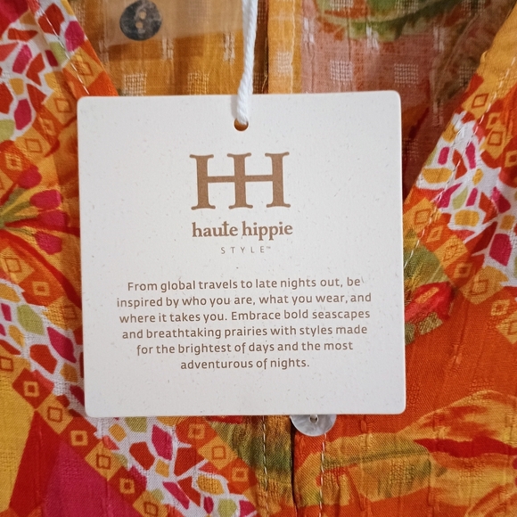 Haute Hippie Long Sleeve Tropical Orange Green Tie-Front Blouse Medium Boho - Picture 6 of 7
